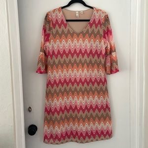 Tacera Pink Chevron V Neck Bell Sleeve Shift Dress